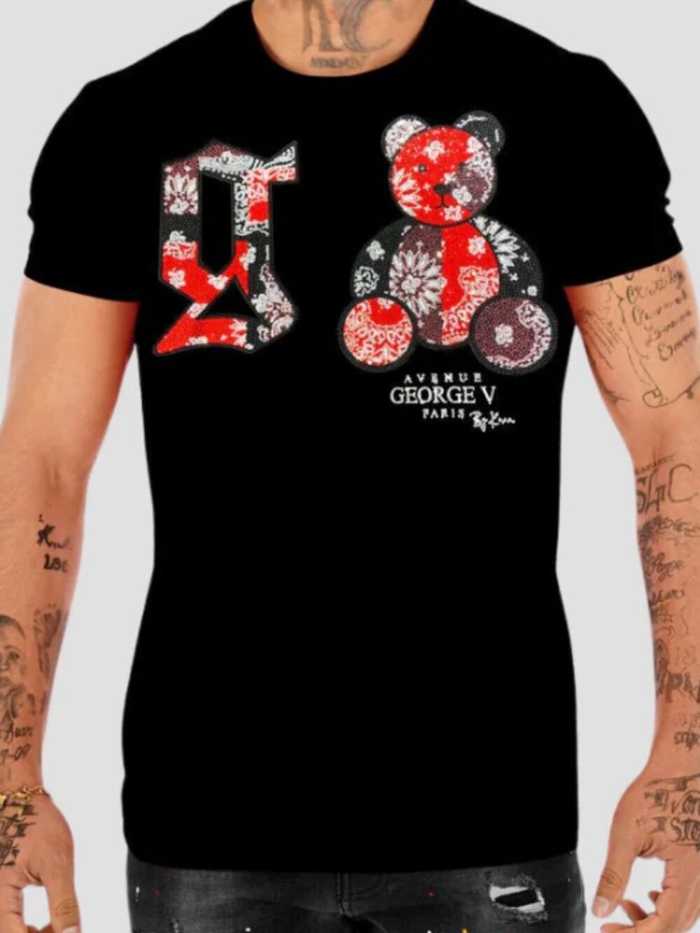 Avenue George V Paris T-Shirt Men's Black Short Sleeve Rhinestone Teddy Bear2XL